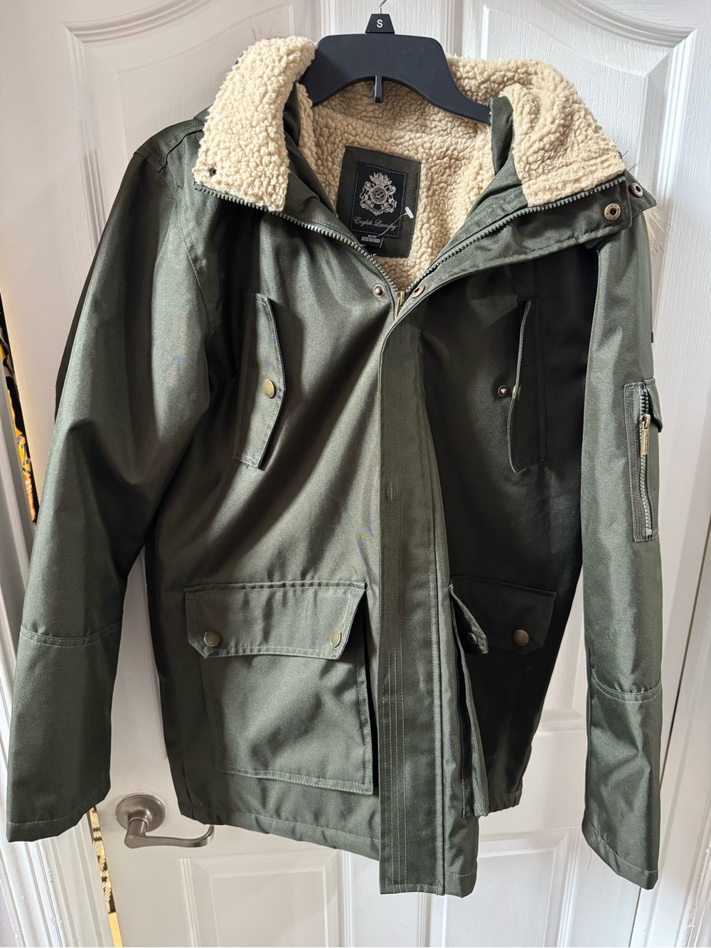 English Laundry Olive Green Sherpa-Lined Field Jacket with Cream Collar